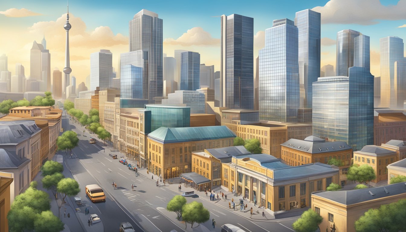 A bustling German-Texan business district with modern skyscrapers and traditional architecture, showcasing the integration and success of the two cultures