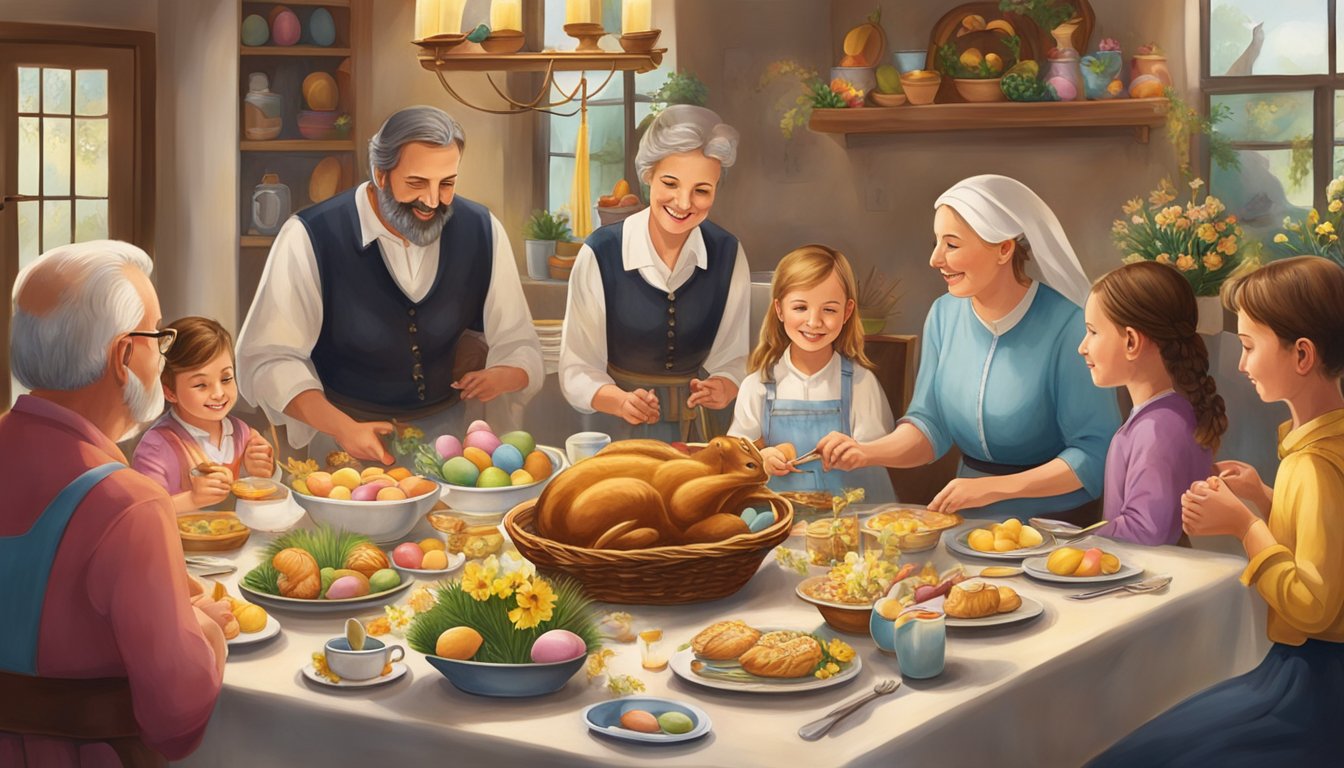 A German Texan family gathers around a festive Easter table, adorned with traditional religious symbols and decorations. The aroma of homemade dishes fills the air as they partake in religious observances and Easter celebrations