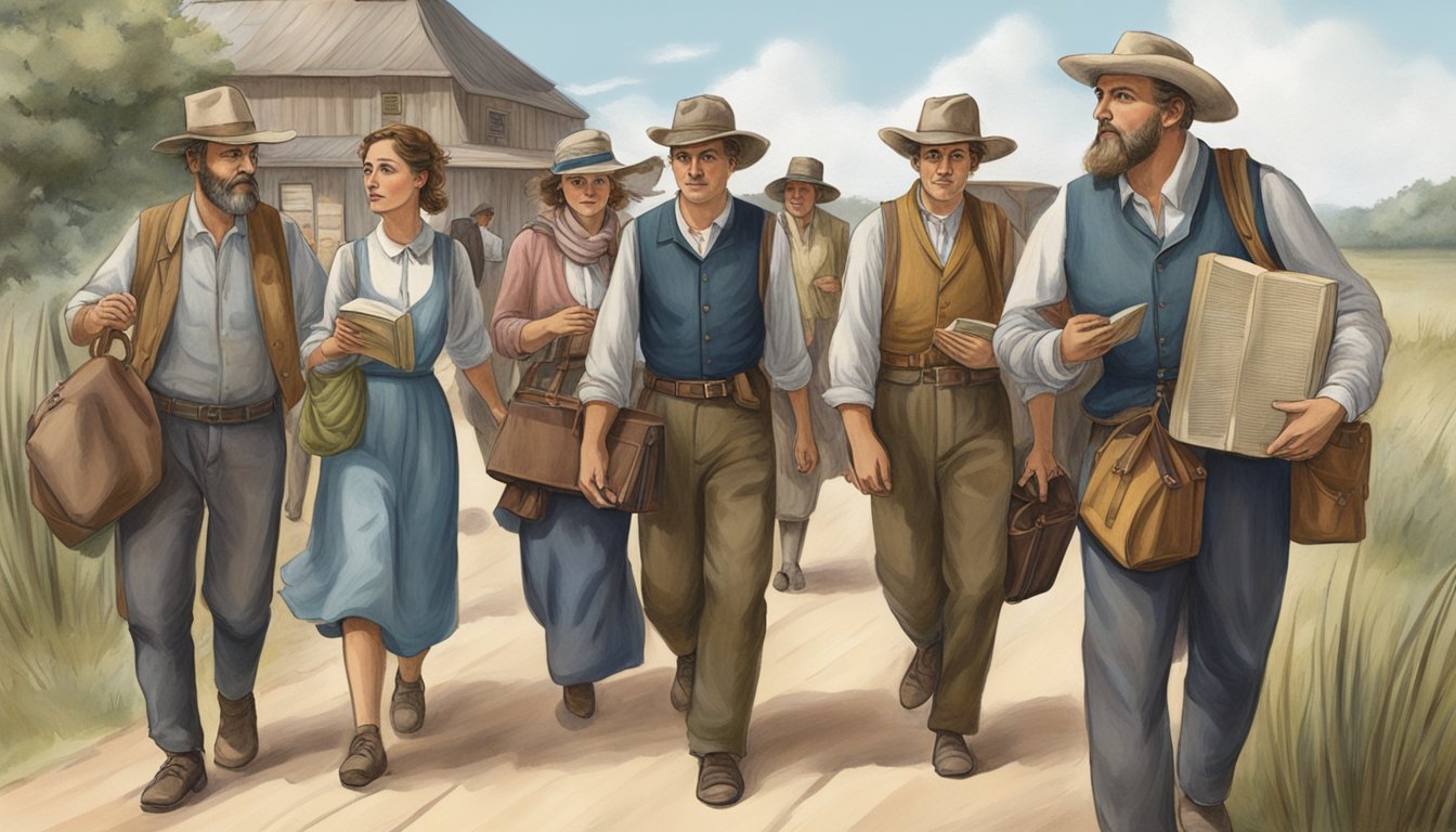 A group of German immigrants arriving in Texas, bringing their culture and literature to the new land