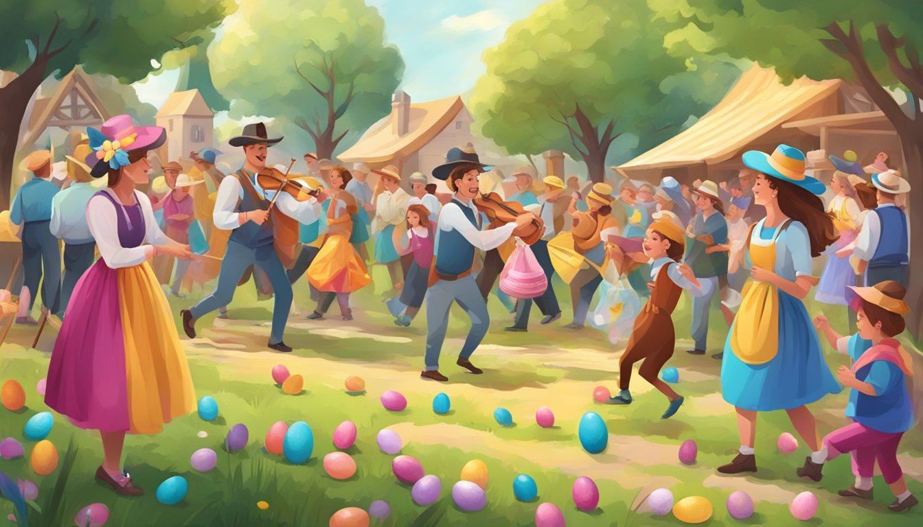 A colorful Easter egg hunt at a German Texan festival with traditional music and dance