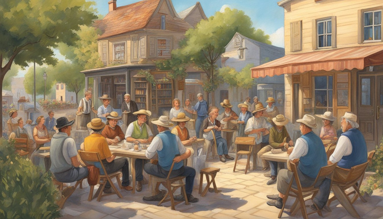 A group of people gather in a cozy Texas town, sharing stories and poems in both German and English. The influence of German literature is evident in the lively discussions and readings