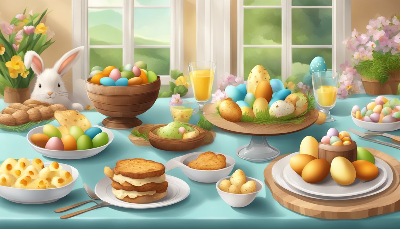 A festive Easter table with colorful eggs, traditional German Texan decorations, and a spread of delicious food and treats