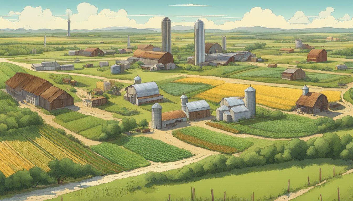 A sprawling Texas landscape with fields of crops and livestock, surrounded by German-inspired architecture and signs of economic prosperity