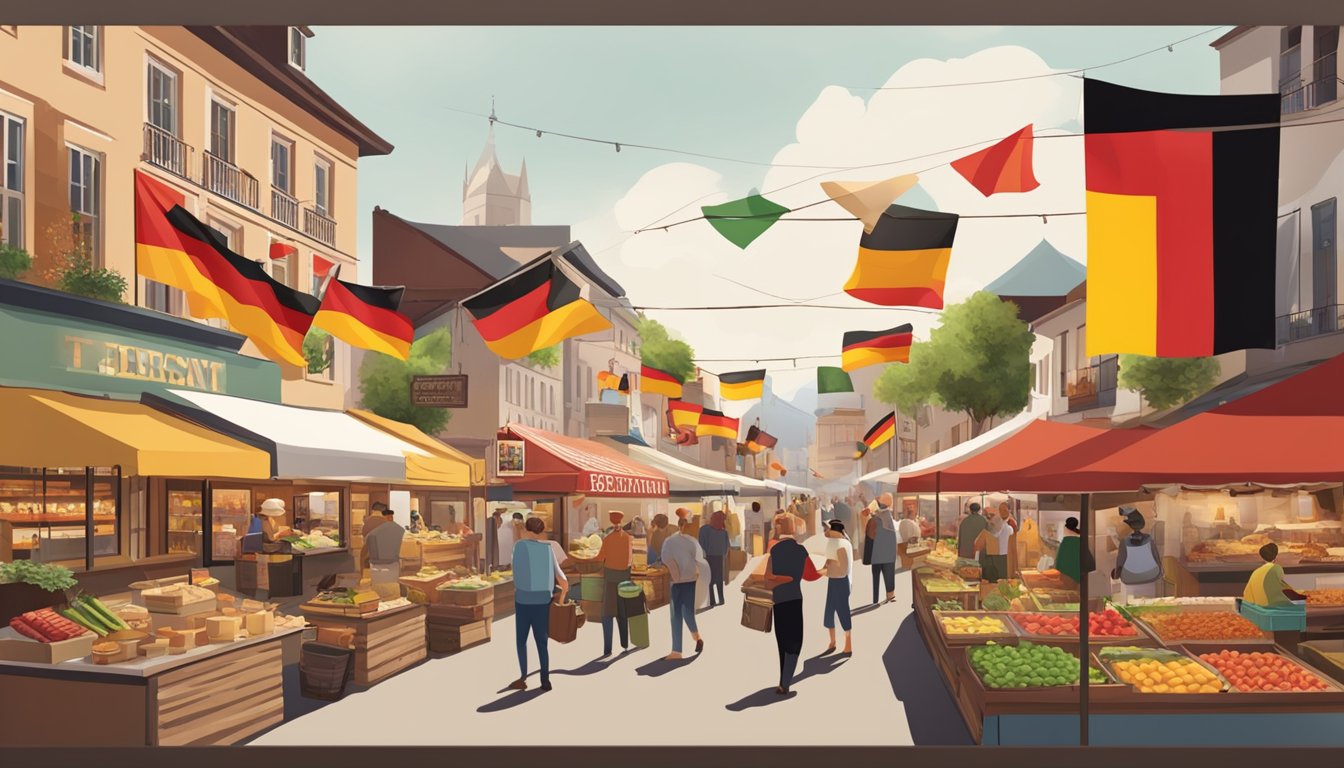 A bustling market with German and Texan flags flying, showcasing a variety of culinary contributions and food culture products