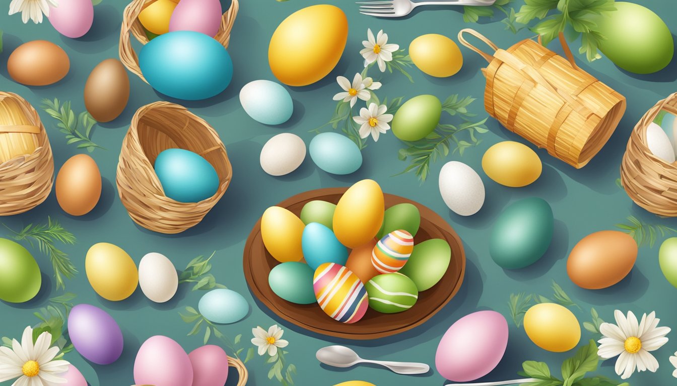 A table set with colorful Easter eggs, traditional German and Texan decorations, and a festive atmosphere