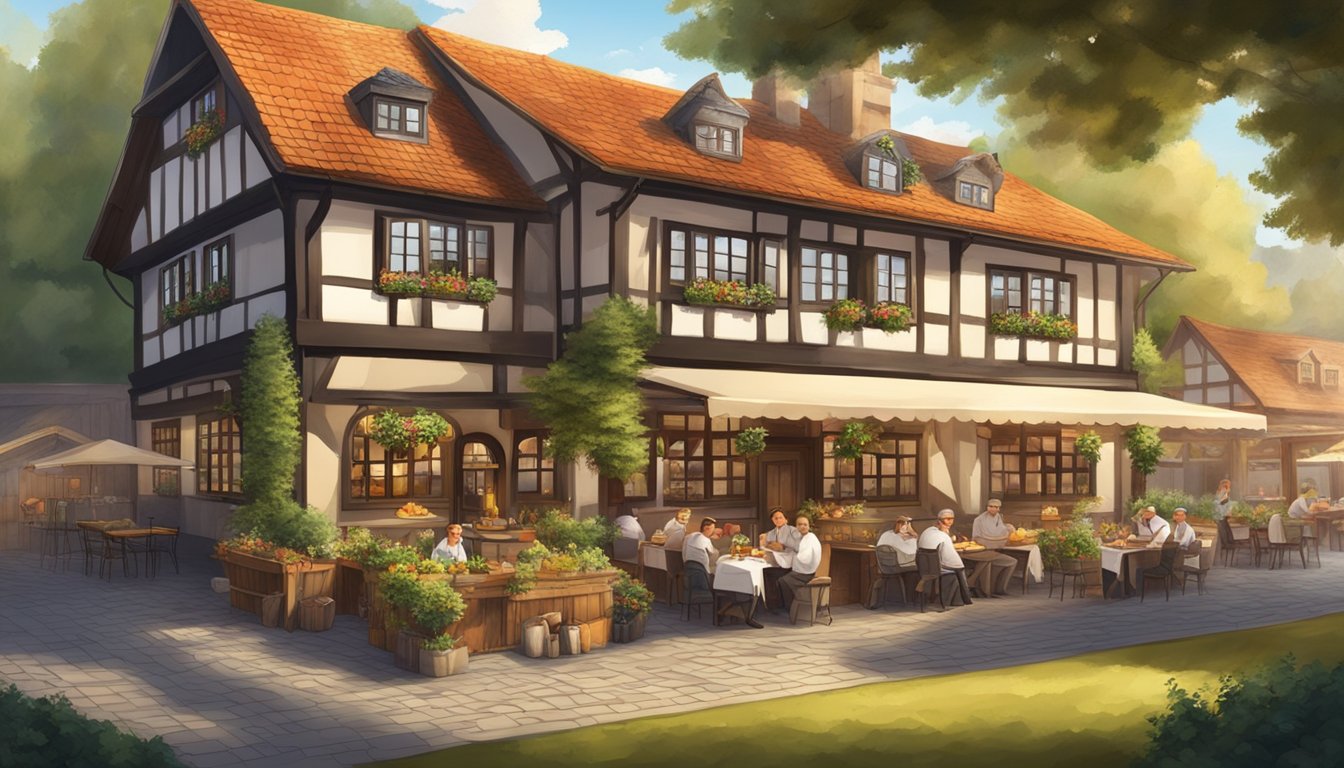 A traditional German-style building with a beer garden and a chef cooking traditional German cuisine