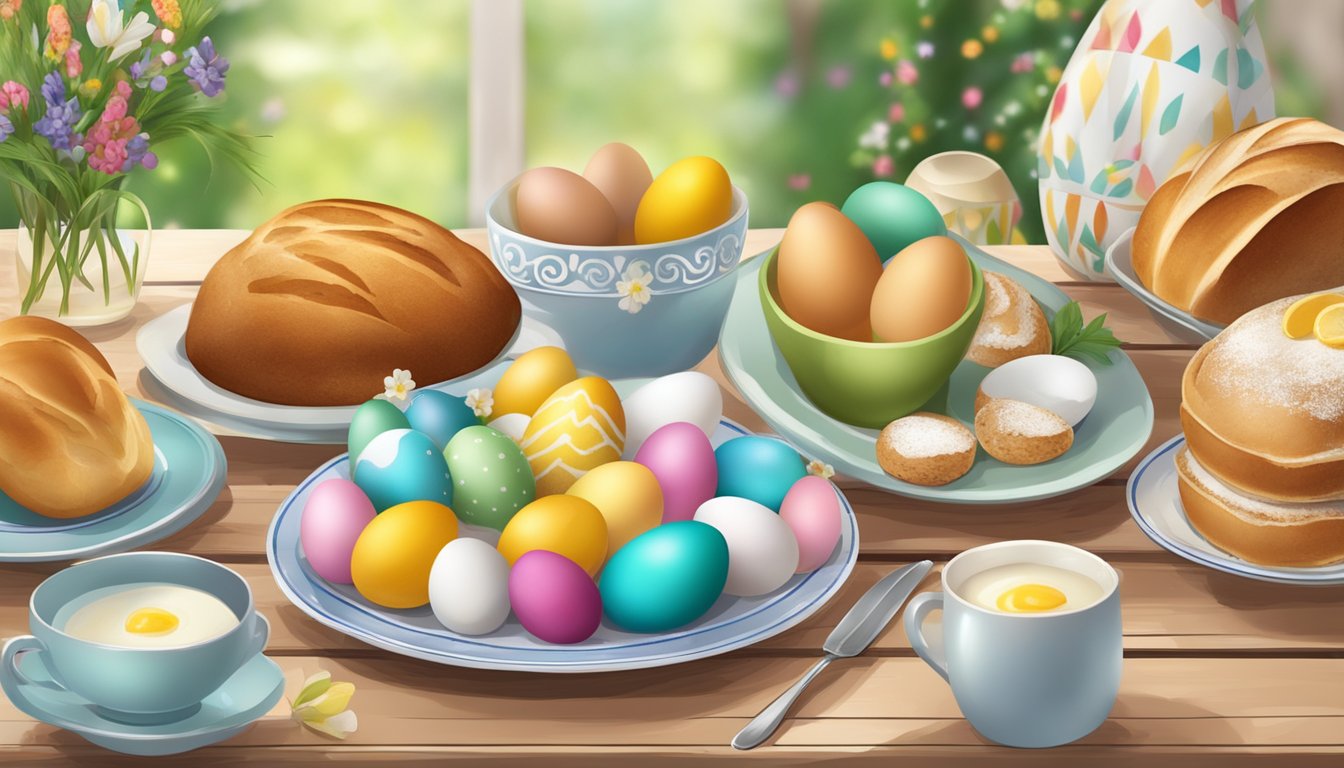 A festive table with a mix of German and Texan Easter traditions, including colorful eggs, traditional Easter bread, and decorations