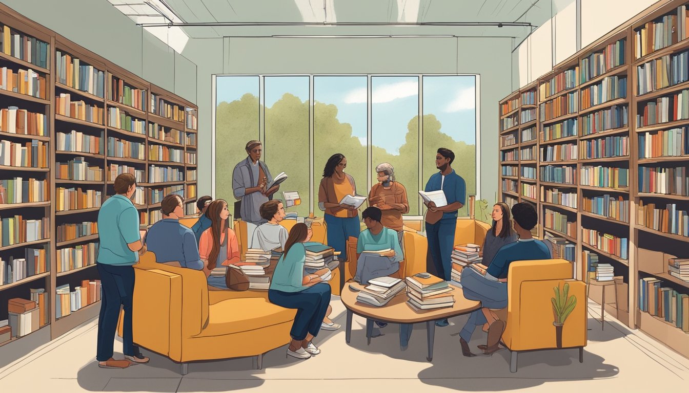 A group of people gather in a modern Texas library, surrounded by books and literature. They celebrate the influence of German culture on Texas literature