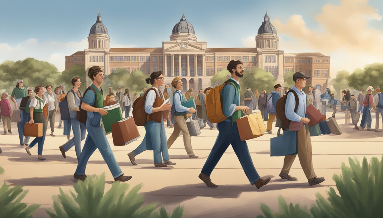 A group of German immigrants arriving in Texas, bringing books and educational materials, with a university in the background showcasing the impact on higher education