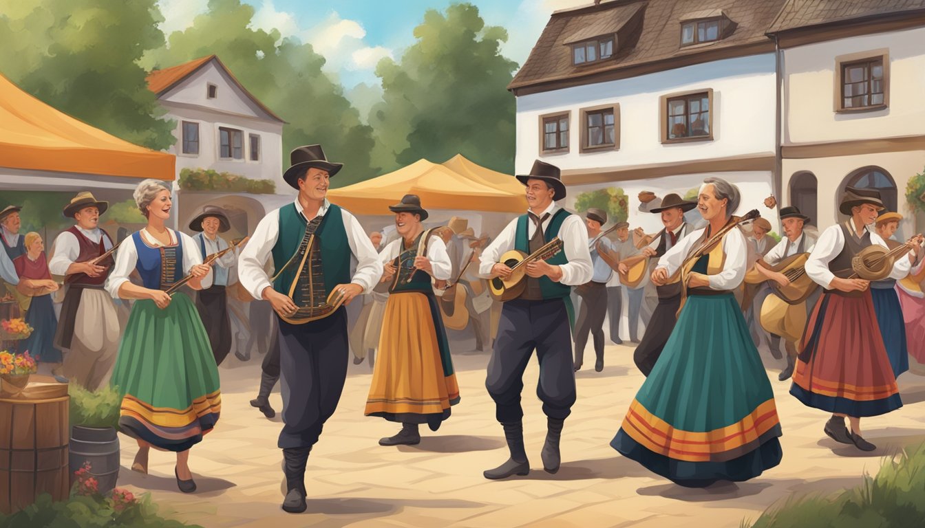 A group of German Texans performing traditional folk music and dance at a local festival