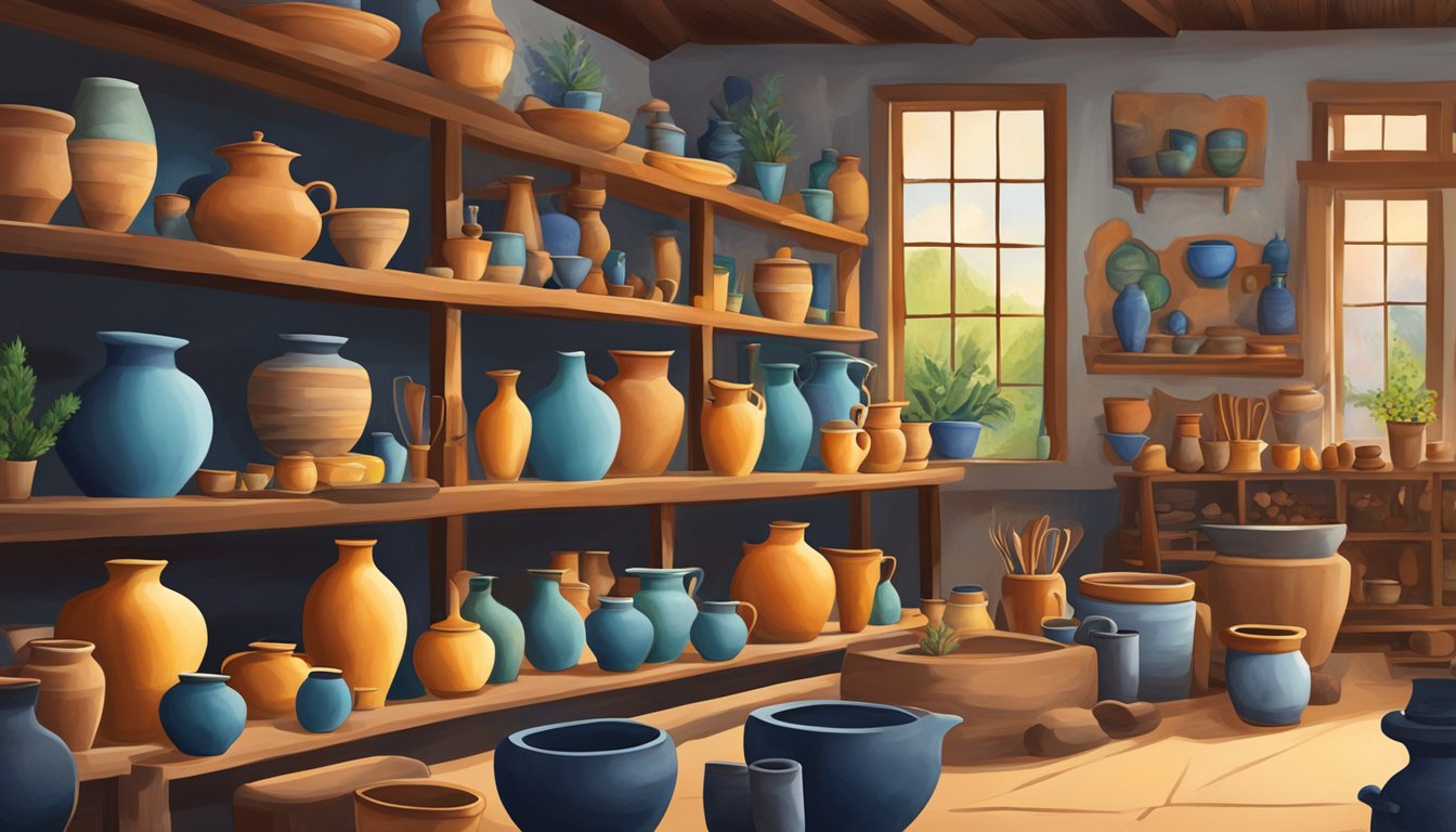 A traditional German Texan pottery workshop with handcrafted ceramics and vibrant paintings on display