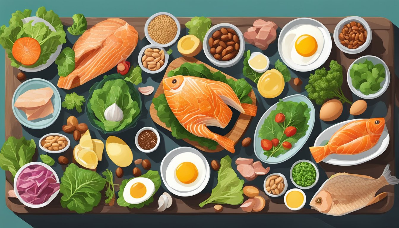 A colorful array of non-red meat keto-friendly foods, such as fish, poultry, eggs, nuts, and leafy greens, arranged on a table