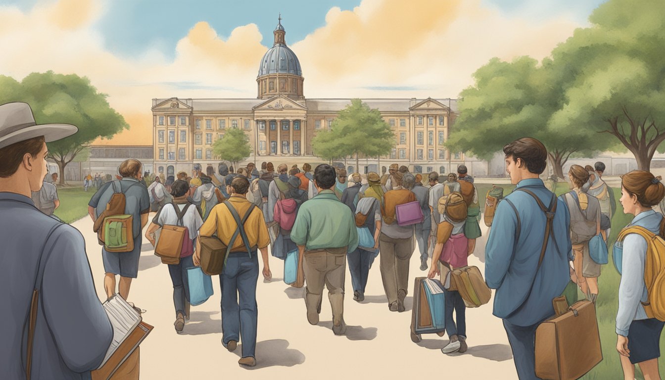 A group of German immigrants arriving in Texas, carrying books and educational materials, with a university campus in the background