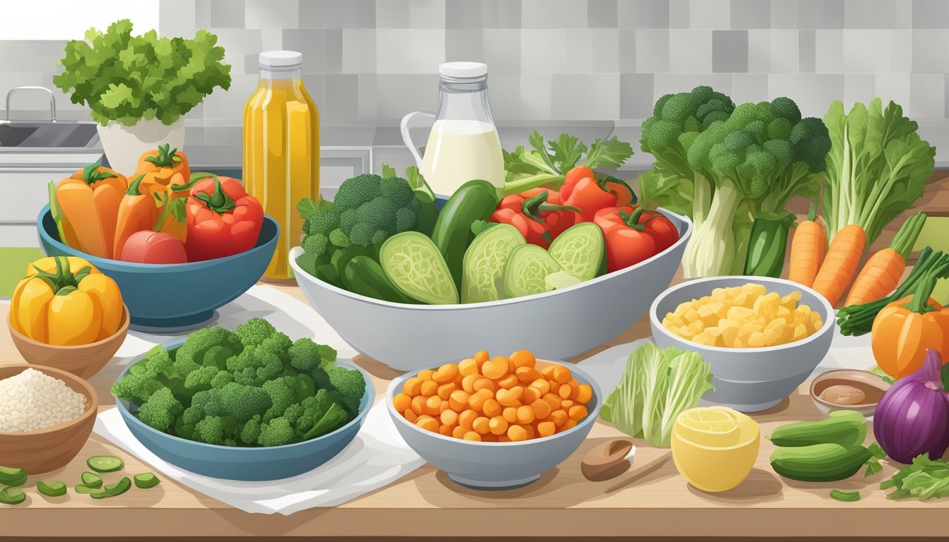 A kitchen counter with a variety of colorful vegetables, lean proteins, and healthy fats laid out for meal preparation