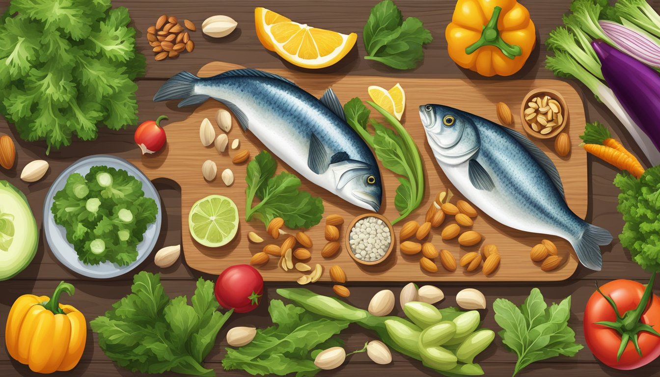 A colorful array of fresh vegetables, nuts, seeds, and fish laid out on a wooden cutting board