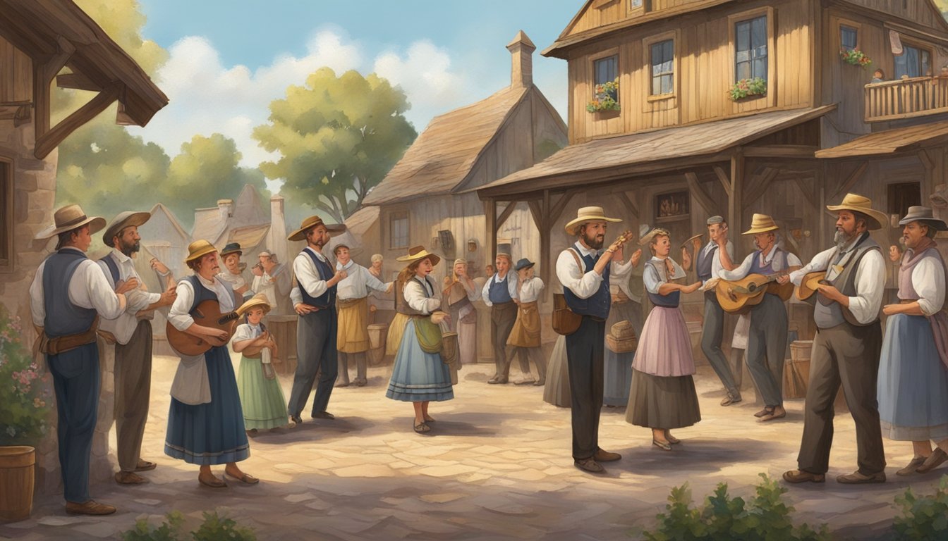 A group of German immigrants gather in a rustic Texas town, surrounded by traditional German architecture and symbols. They are engaged in various fraternal activities, such as singing, dancing, and socializing