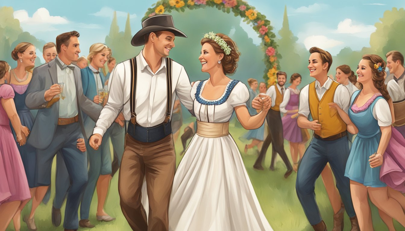 A traditional German-Texan wedding celebration with folk music, dancing, and the bride wearing a dirndl dress while the groom dons lederhosen