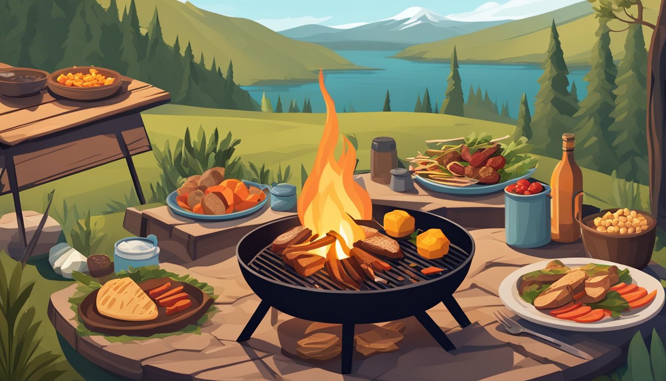 A campfire surrounded by keto-friendly food items such as grilled vegetables, lean meats, and low-carb snacks, with a scenic outdoor backdrop