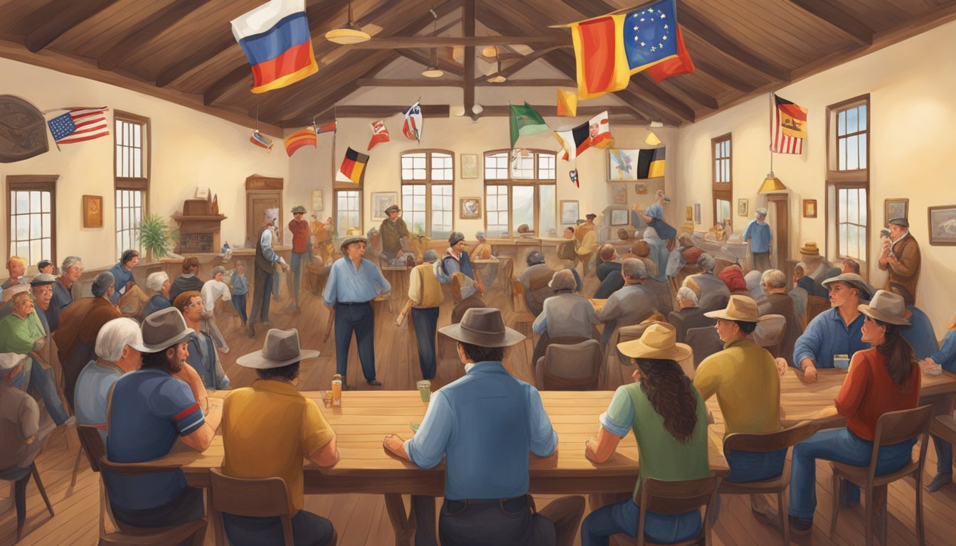 A group of German-Texan settlers gather in a community hall, adorned with traditional German symbols and flags, engaging in social and cultural activities