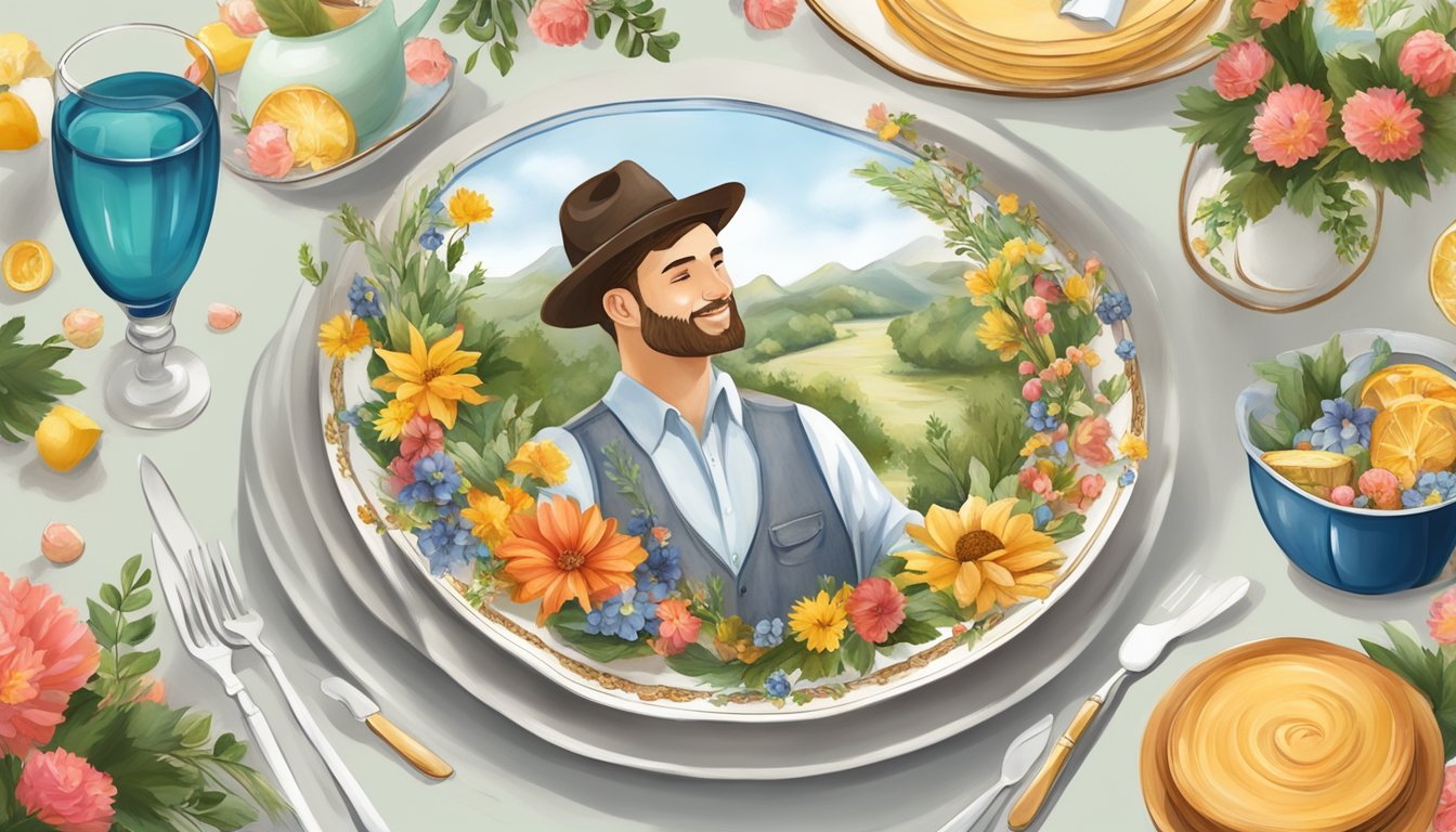 A traditional German-Texan pre-wedding custom of breaking a porcelain plate for good luck, surrounded by festive decorations and floral arrangements