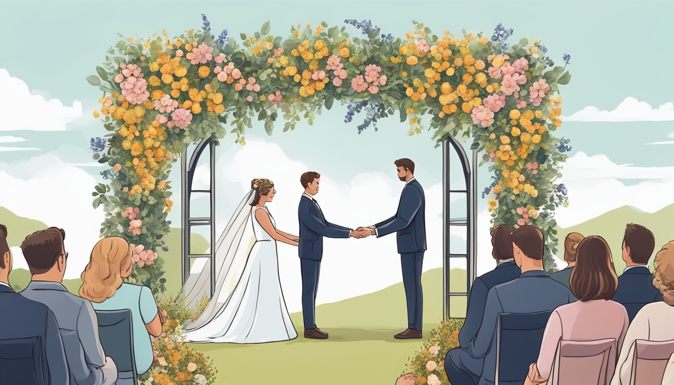 A bride and groom exchange rings under a floral arch at a German Texan wedding ceremony