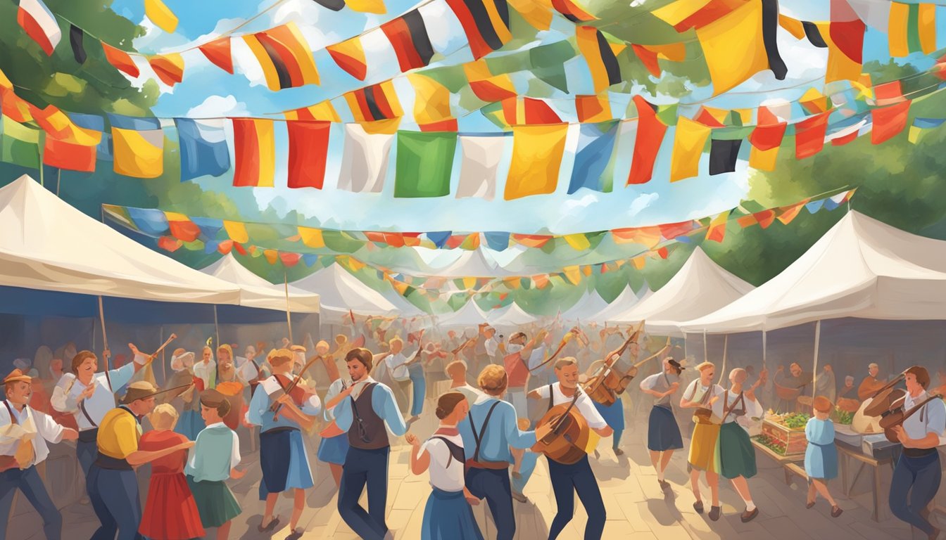 A lively festival with traditional German music, dancing, and food. Decorated with colorful banners and flags representing various fraternal organizations