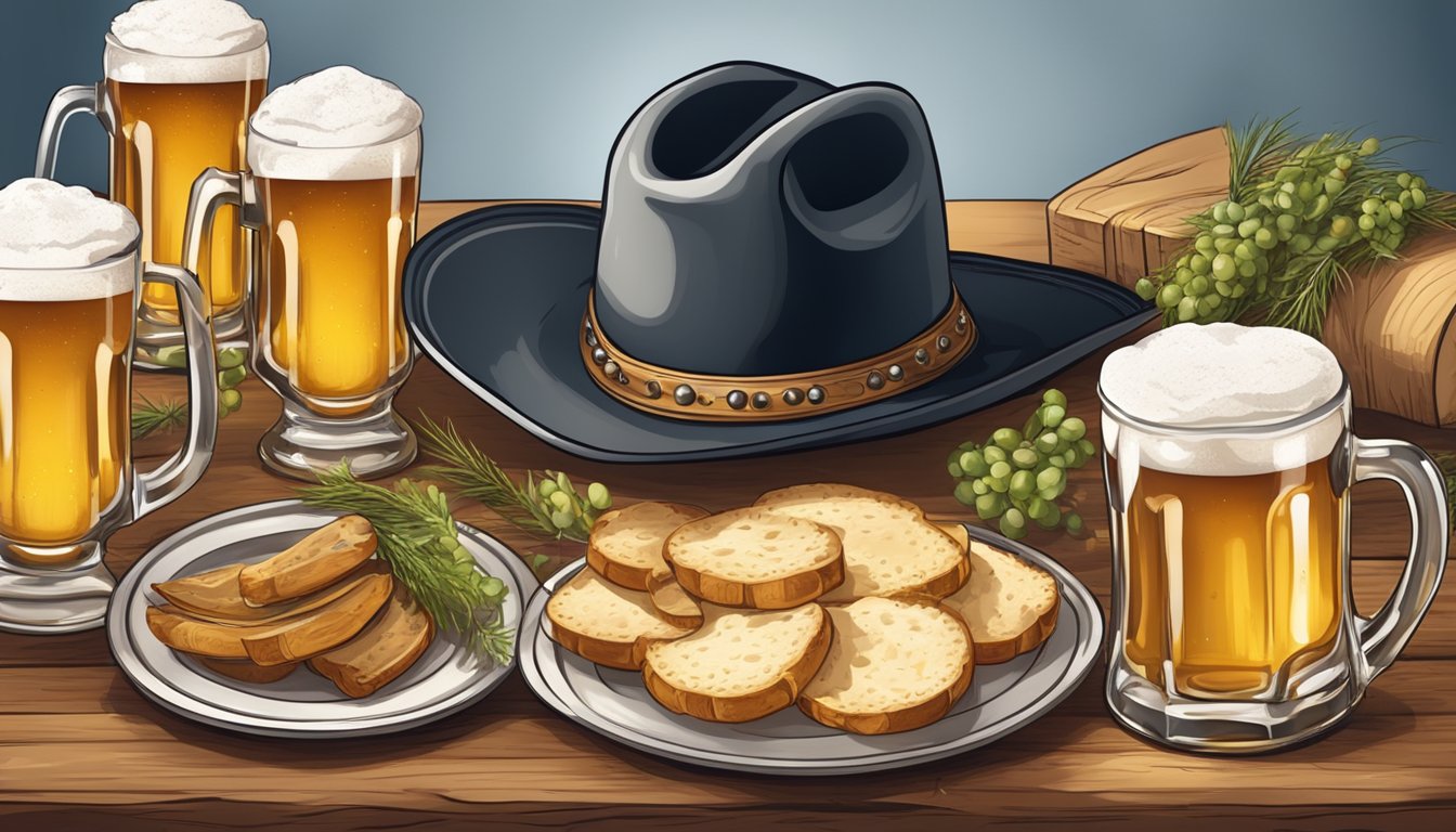 A traditional German-Texan wedding scene with a mix of German and Texan cultural elements, such as a beer stein and cowboy hat on a decorated table