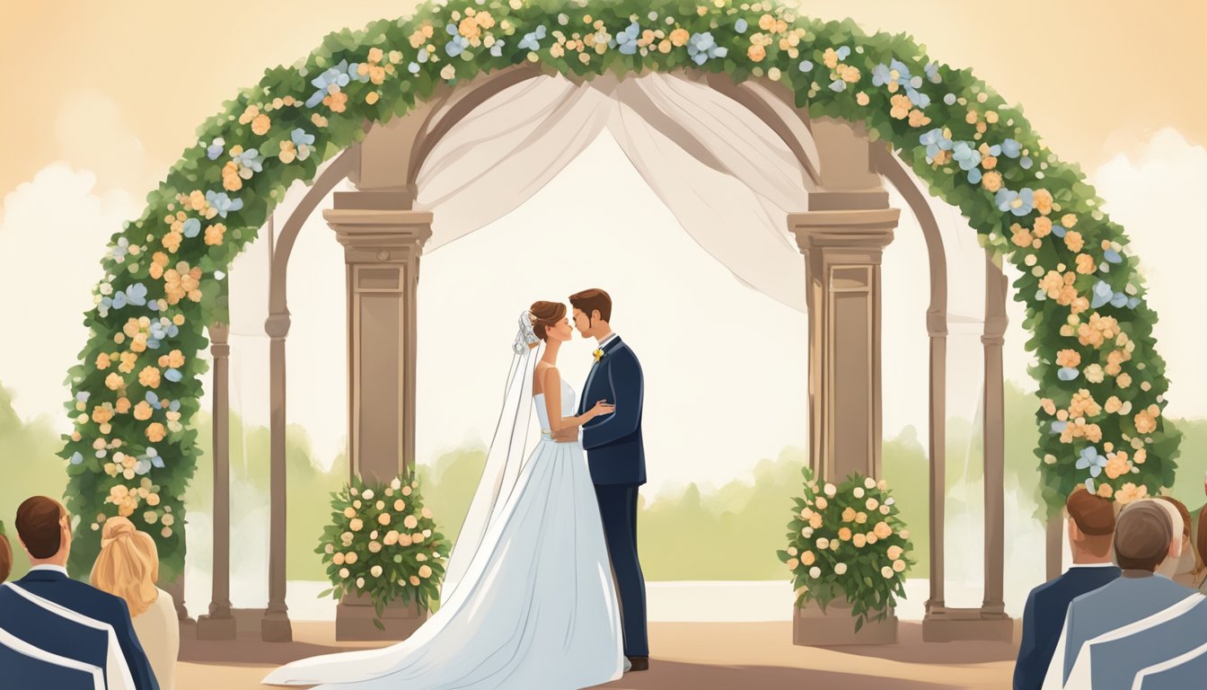 A bride and groom stand beneath a traditional German wedding arch adorned with flowers and ribbons, symbolizing their union and heritage