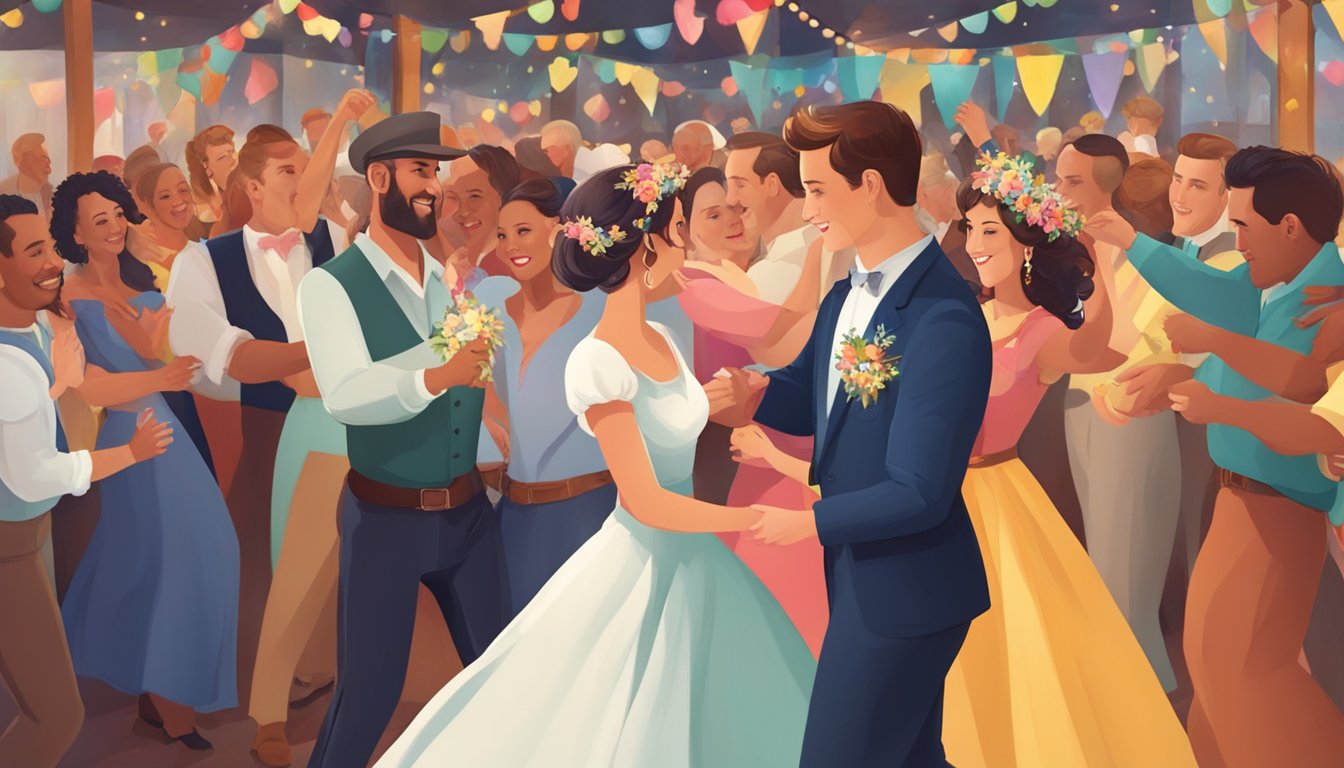 A traditional German-Texan wedding dance with couples in traditional attire, surrounded by a lively crowd and colorful decorations