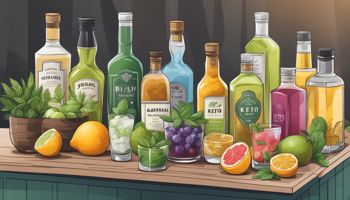 A variety of mixers and keto-friendly alcohol alternatives displayed on a bar counter, including fresh fruits and herbs for garnish