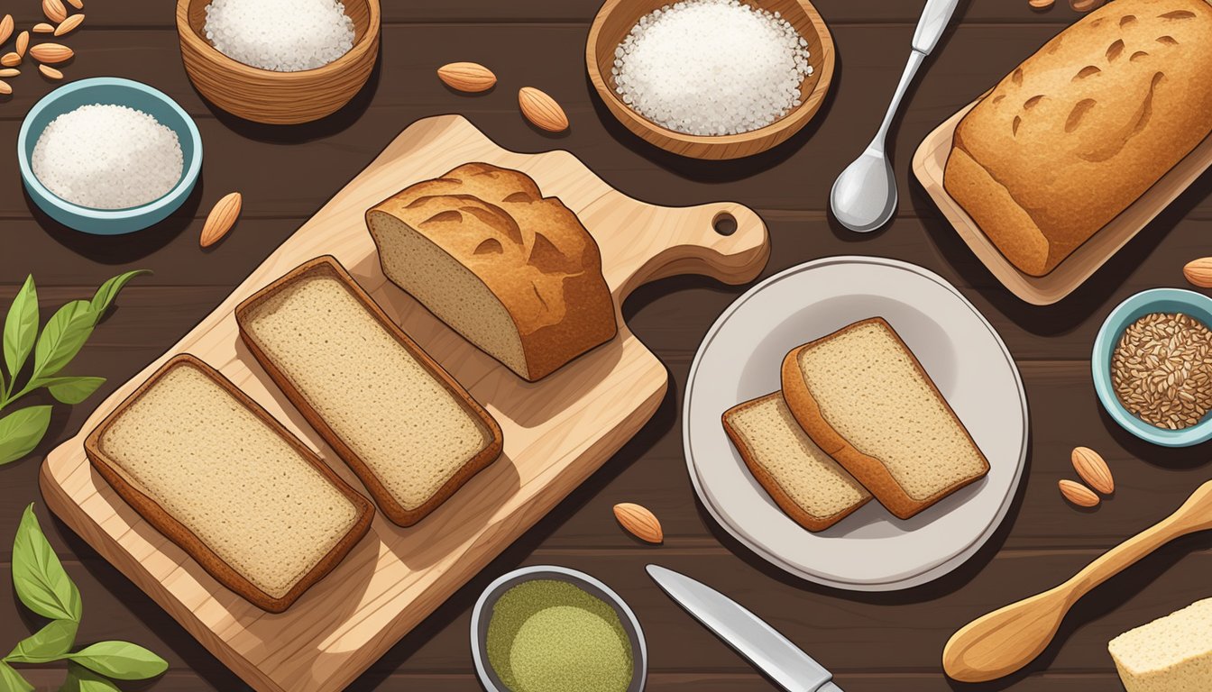 A kitchen counter with various keto-friendly bread alternatives, such as almond flour bread, coconut flour bread, and flaxseed bread, displayed on a wooden cutting board