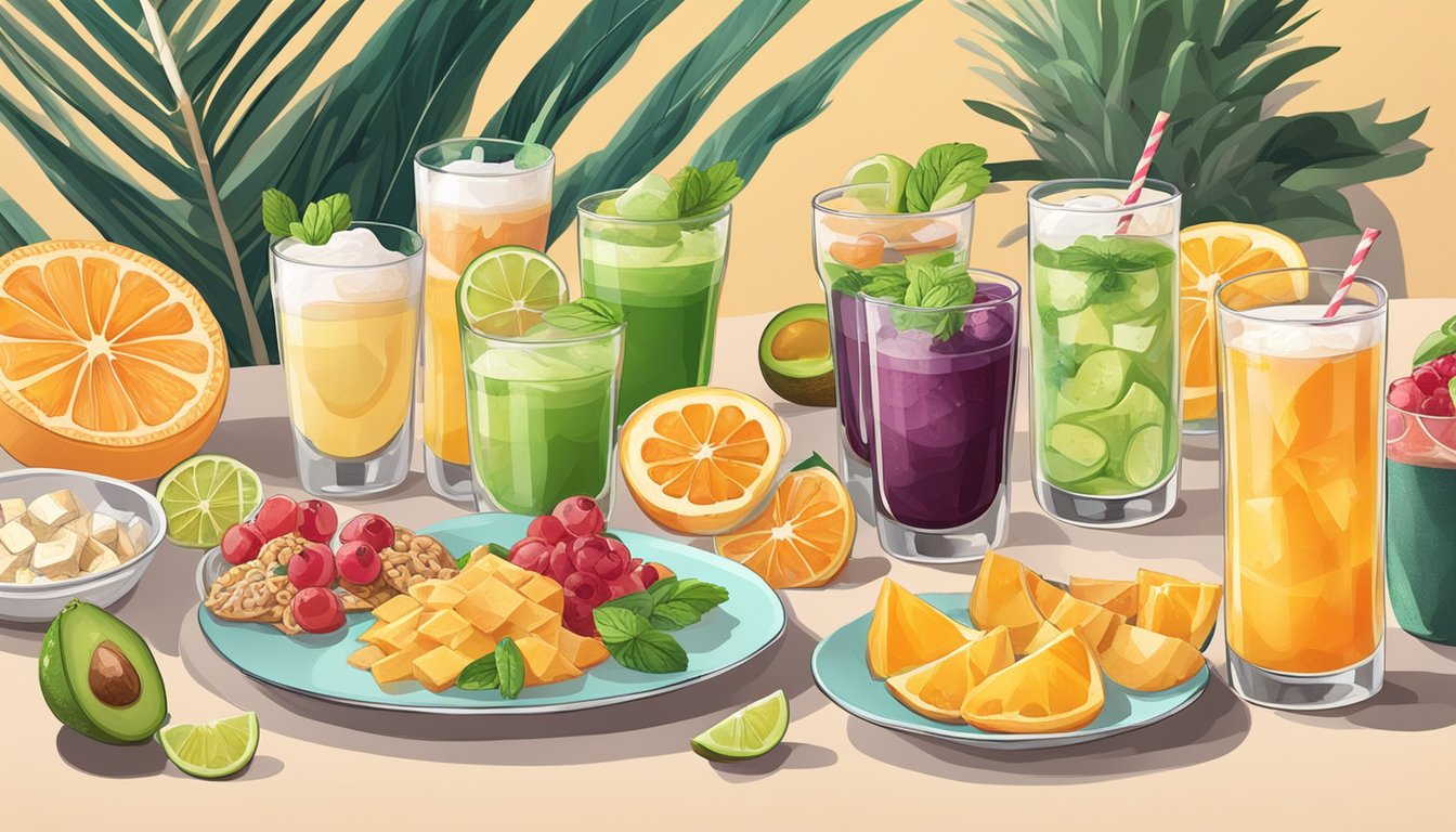 A table set with various non-alcoholic keto-friendly drinks, surrounded by low-carb snacks and fruits