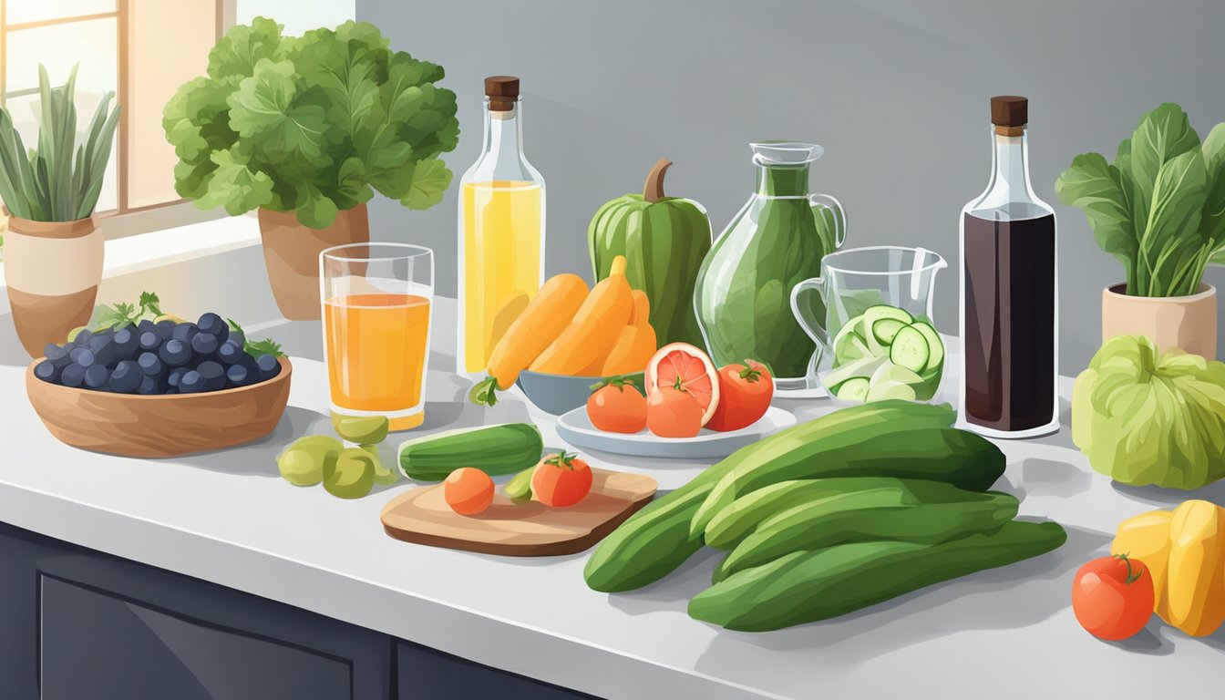 A serene kitchen counter with various low-carb alcohol alternatives, surrounded by fresh fruits and vegetables