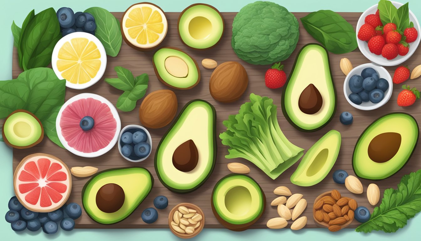 A colorful array of non-egg keto-friendly foods, including avocados, leafy greens, nuts, and berries, arranged on a wooden cutting board