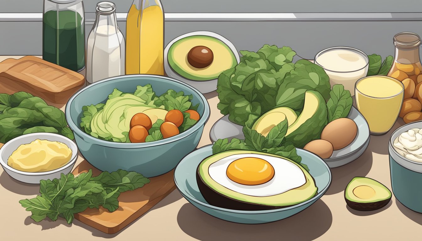 A kitchen counter with various non-nut ingredients, such as avocados, leafy greens, eggs, and dairy products, arranged neatly for a keto-friendly meal preparation