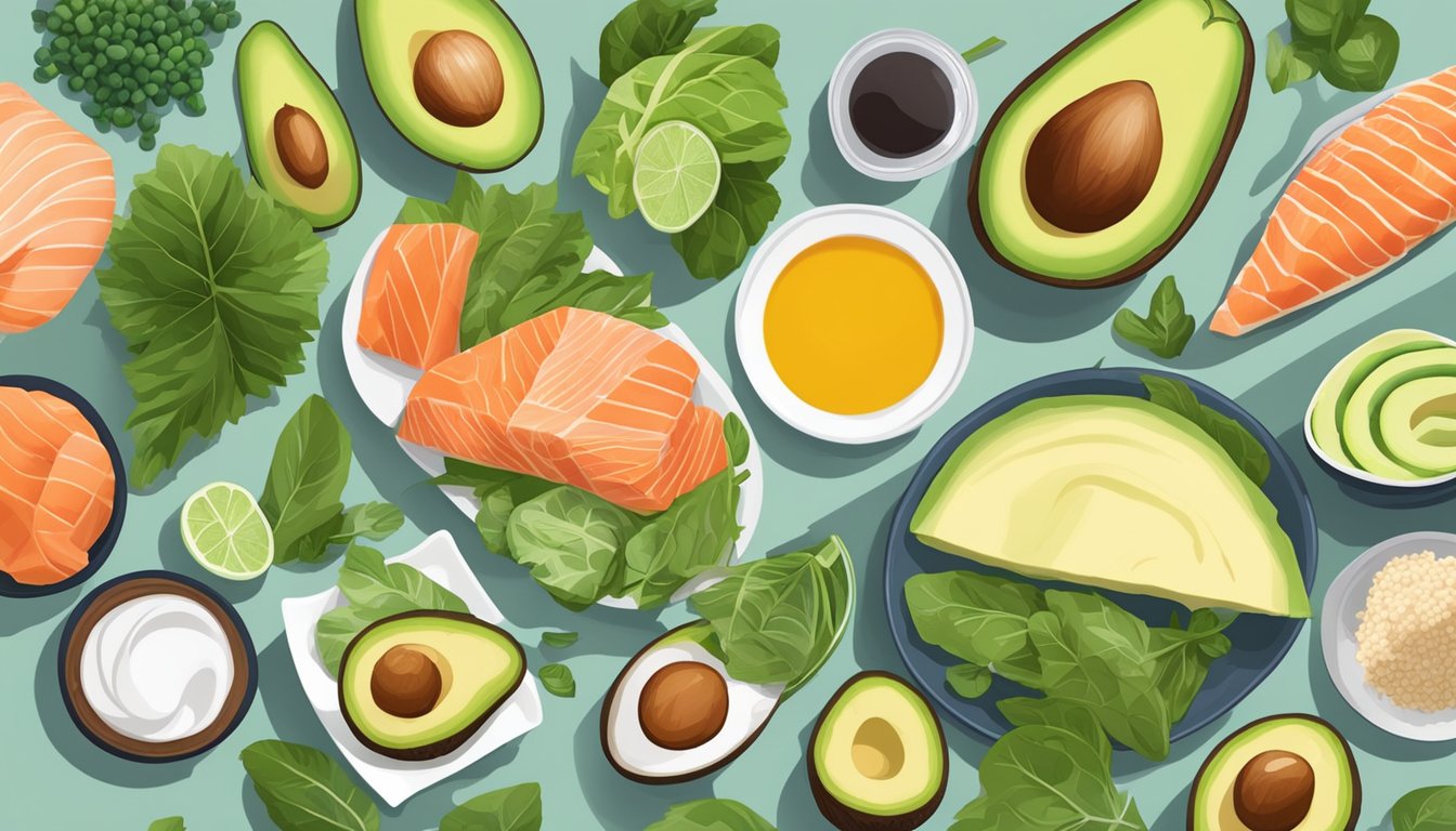 A table set with keto-friendly food alternatives, excluding nuts, such as avocado, leafy greens, salmon, and coconut products