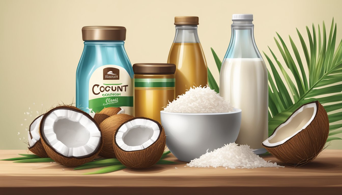 A kitchen counter with a variety of coconut-based products, including coconut oil, milk, flour, and shredded coconut