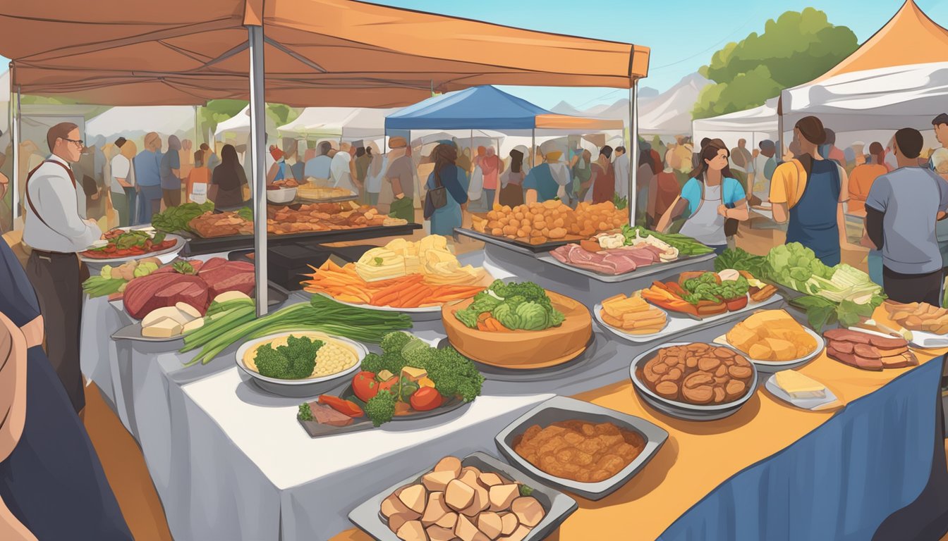 A table filled with keto-friendly foods at a cultural festival, including meats, cheeses, and vegetables. A banner in the background advertises "Understanding Keto Diet Fundamentals."