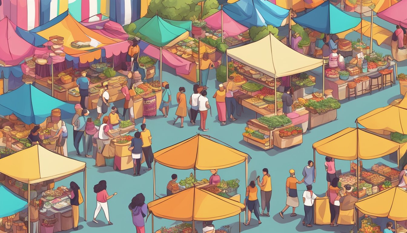 A colorful outdoor festival with diverse food stalls and banners promoting keto-friendly options