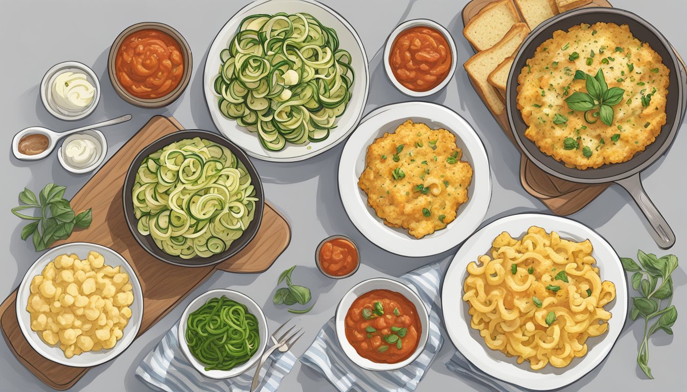 A table spread with keto-friendly comfort foods like cauliflower mac and cheese, almond flour bread, and zucchini noodles with marinara sauce