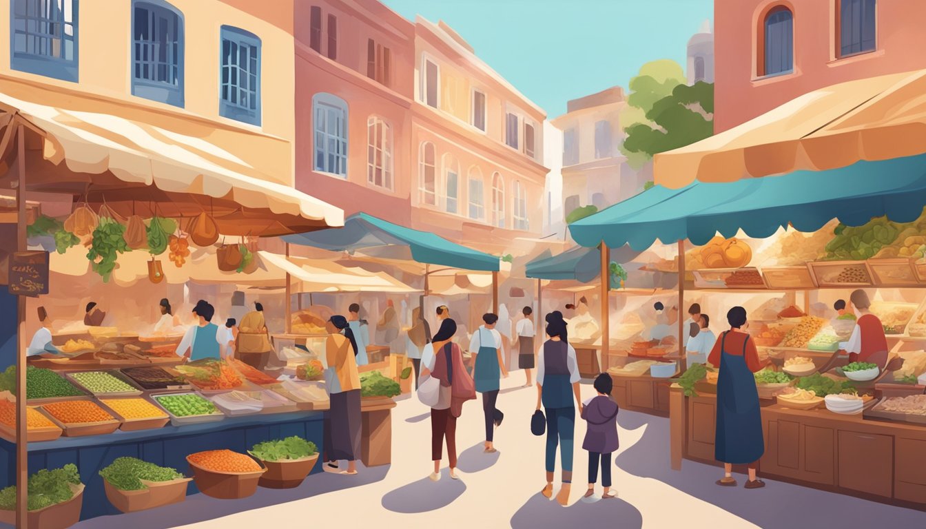 A vibrant marketplace showcasing a variety of global cuisines, each stall featuring keto-friendly ingredients and dishes. The aromas of spices and cooking fill the air as people explore the diverse cultural offerings