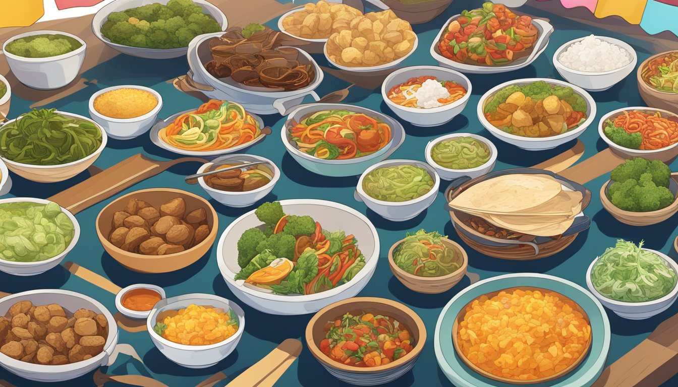 A colorful array of traditional dishes from various cultures displayed on tables at a festival, with signs indicating their keto-friendly ingredients