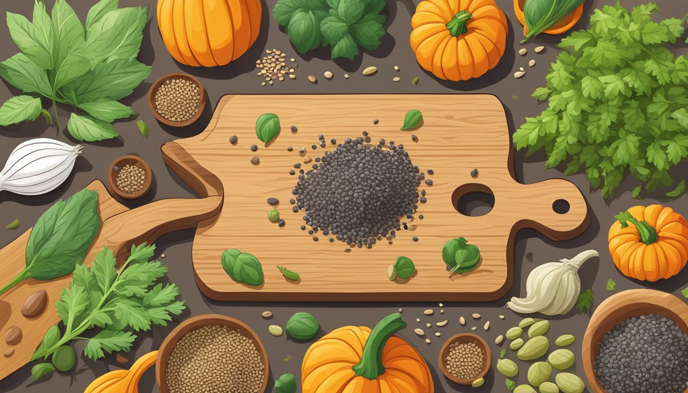 A variety of seeds, such as chia, flax, and pumpkin, scattered on a wooden cutting board alongside fresh vegetables and herbs