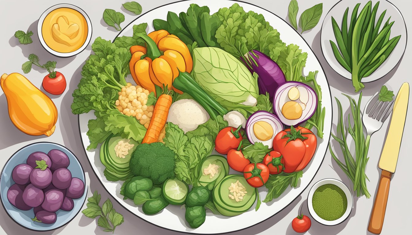 A colorful array of non-starchy vegetables, lean proteins, and healthy fats arranged on a plate