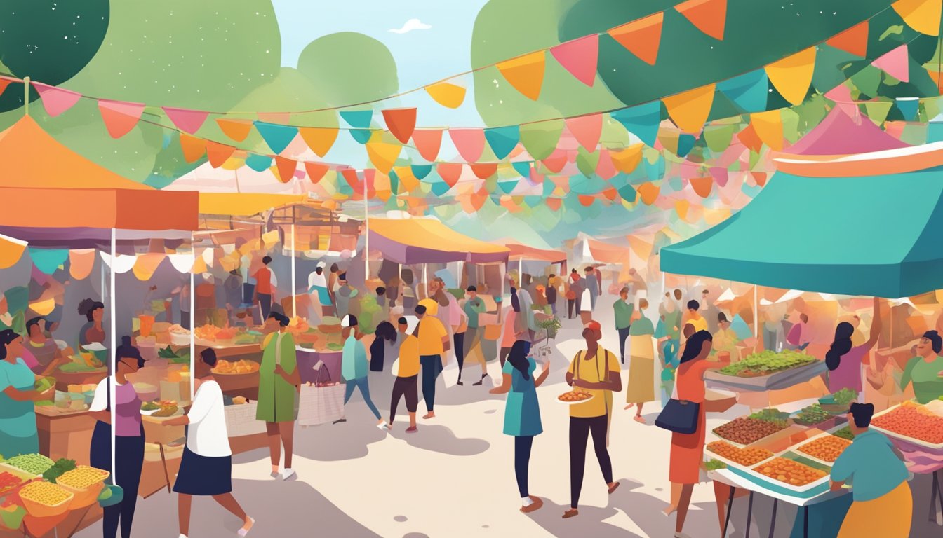 A festive outdoor scene with colorful food stalls showcasing keto-friendly dishes, people enjoying cultural festivities, and a focus on health-conscious options