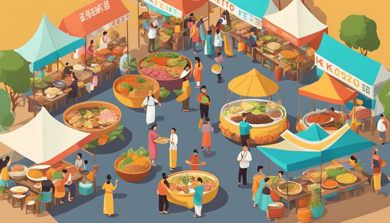 A bustling cultural festival with colorful food stalls offering a variety of keto-friendly dishes. The aroma of spices fills the air as people gather to celebrate diverse traditions