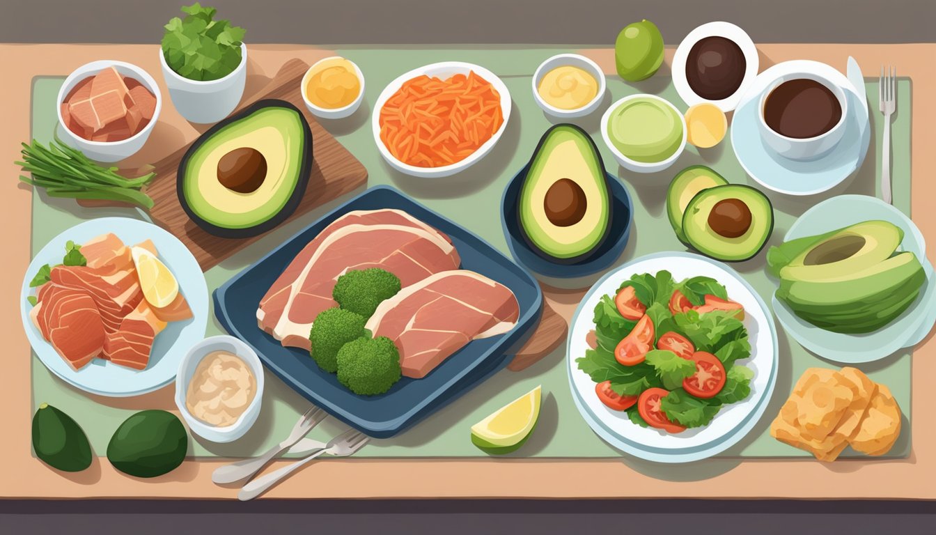 A table set with a variety of non-fish keto-friendly foods, including meats, vegetables, and healthy fats, with a plate of avocados as the centerpiece