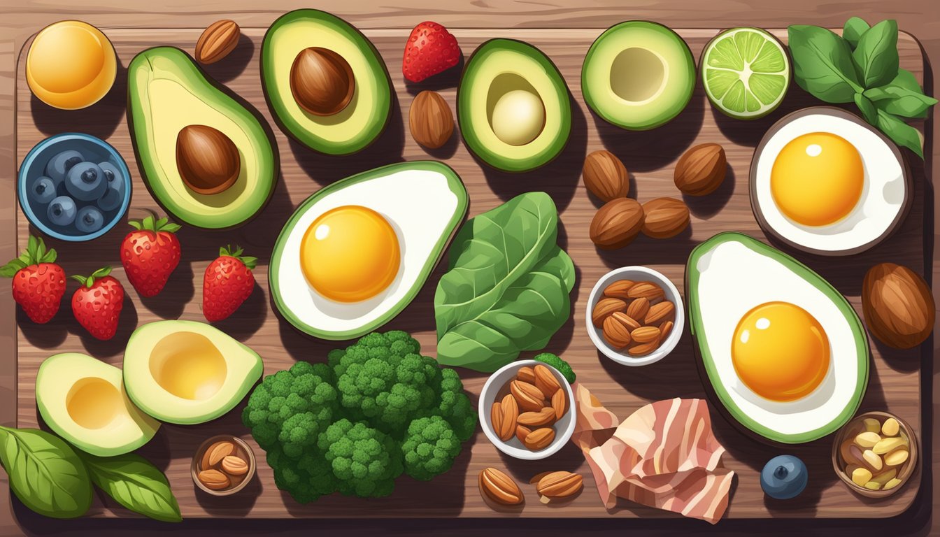 A colorful array of keto-friendly foods: avocados, eggs, bacon, spinach, broccoli, cheese, nuts, and berries, arranged on a wooden cutting board