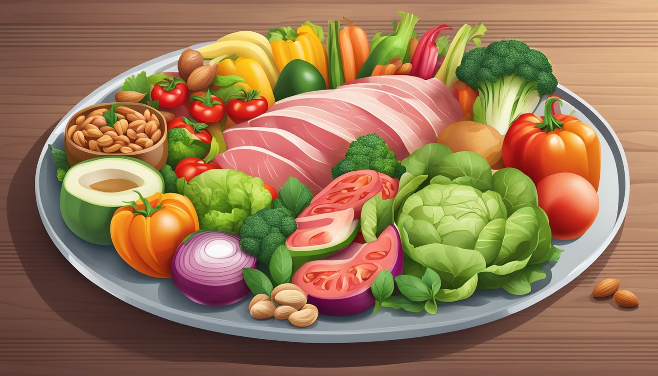 A colorful array of fresh vegetables, lean meats, nuts, and healthy fats arranged on a plate