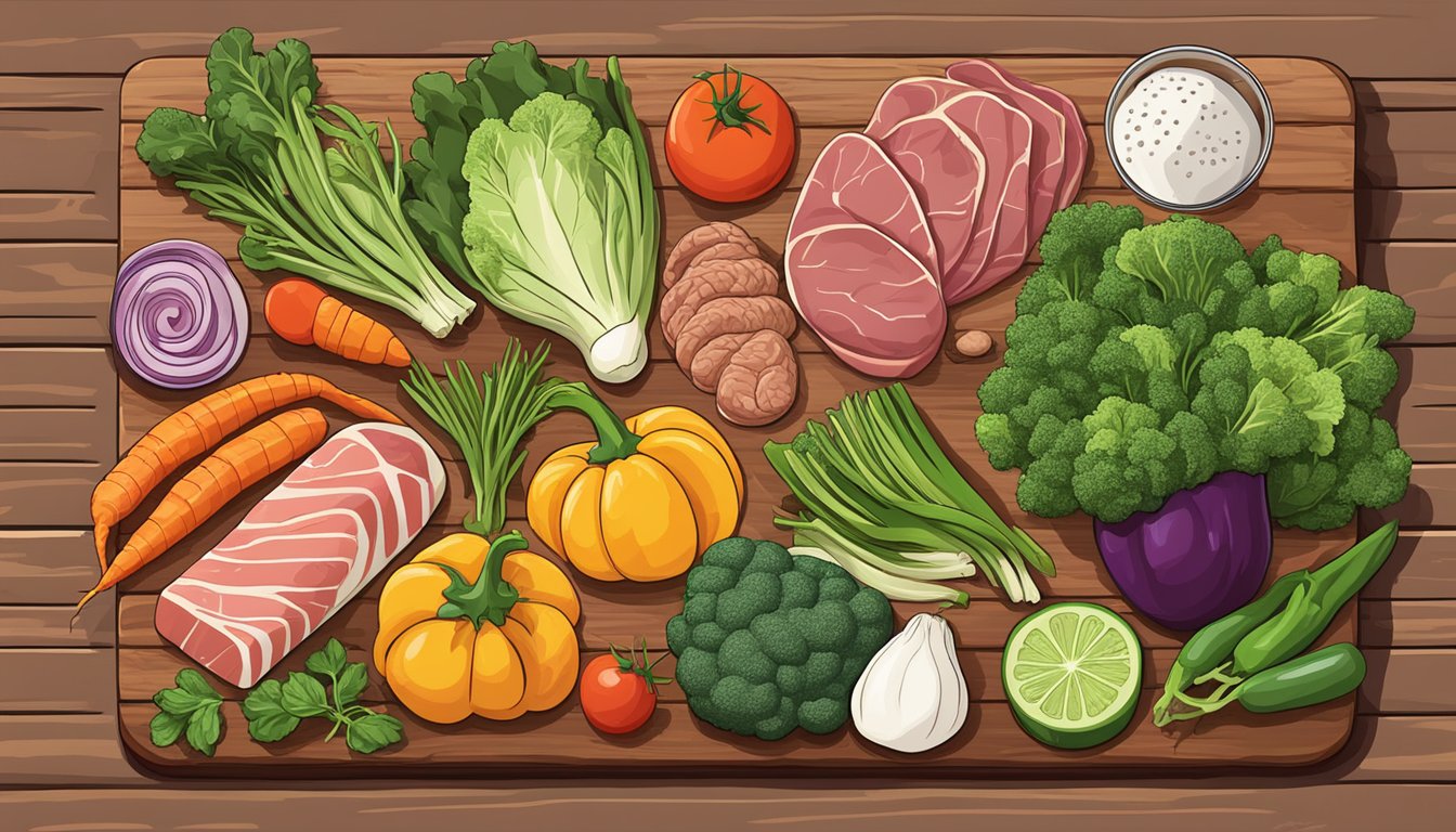 A colorful array of keto-friendly vegetables and meats, with a focus on non-fish options, arranged on a rustic wooden cutting board